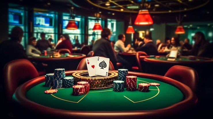Ilustrasi poker online dengan dealer profesional di platform live casino